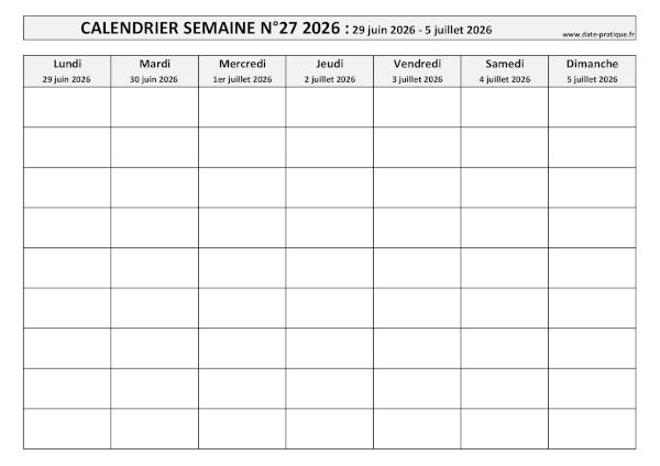 Calendrier pour la semaine 27 2026 à imprimer en noir et blanc, format A4 paysage.