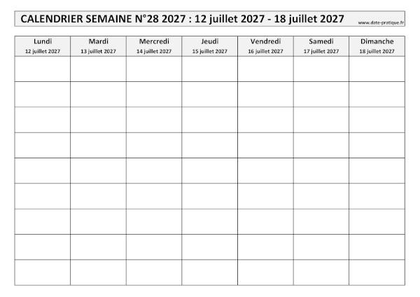Calendrier pour la semaine 28 2027 à imprimer en noir et blanc, format A4 paysage.