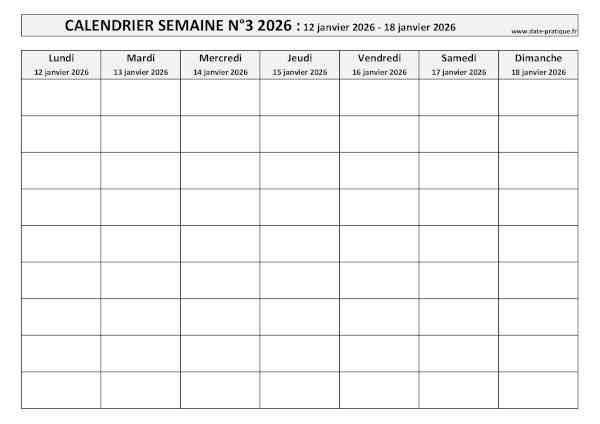 Calendrier pour la semaine 3 2026 à imprimer en noir et blanc, format A4 paysage.
