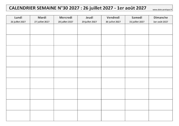 Calendrier pour la semaine 30 2027 à imprimer en noir et blanc, format A4 paysage.