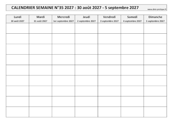 Calendrier pour la semaine 35 2027 à imprimer en noir et blanc, format A4 paysage.