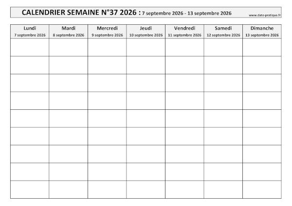 Calendrier pour la semaine 37 2026 à imprimer en noir et blanc, format A4 paysage.