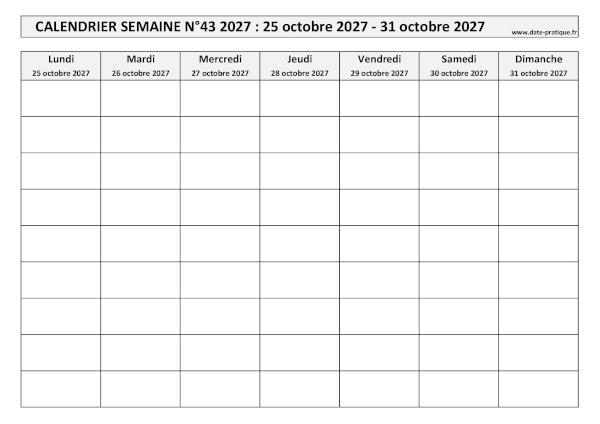 Calendrier pour la semaine 43 2027 à imprimer en noir et blanc, format A4 paysage.