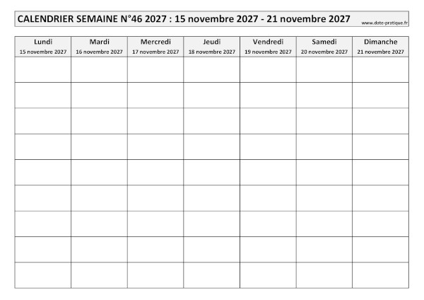 Calendrier pour la semaine 46 2027 à imprimer en noir et blanc, format A4 paysage.