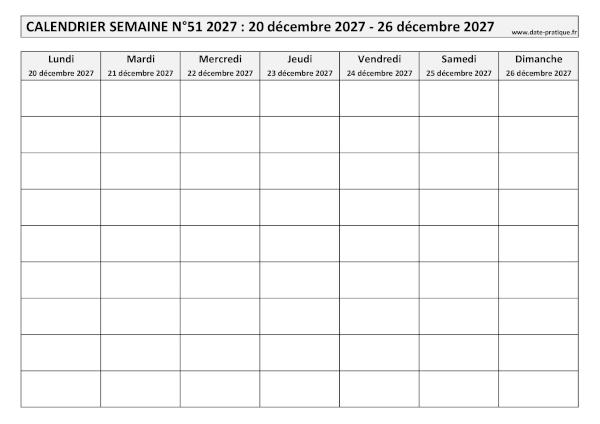 Calendrier pour la semaine 51 2027 à imprimer en noir et blanc, format A4 paysage.