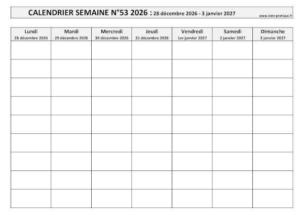 Calendrier pour la semaine 53 2026 à imprimer en noir et blanc, format A4 paysage.