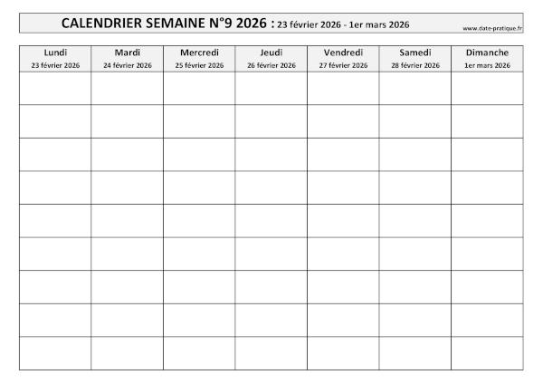 Calendrier pour la semaine 9 2026 à imprimer en noir et blanc, format A4 paysage.