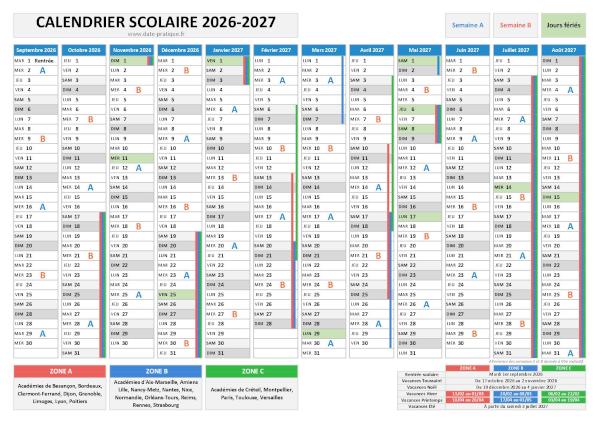 Calendrier scolaire 2026-2027
