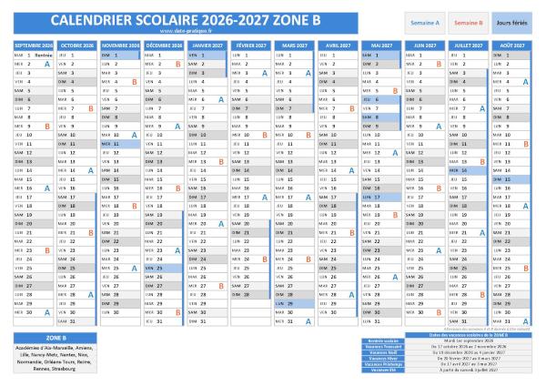 Calendrier scolaire 2026-2027 avec les dates des vacances pour la zone B