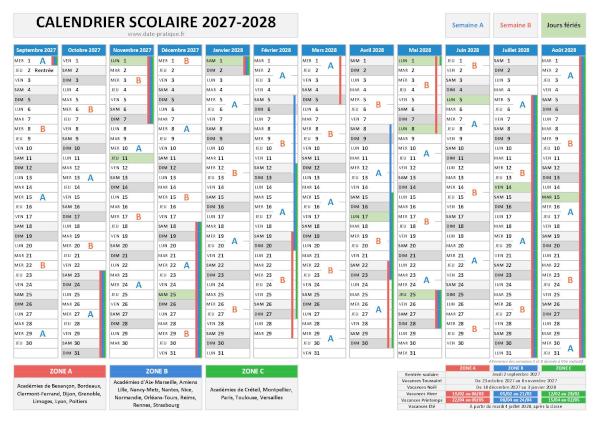 Calendrier scolaire 2027-2028 à télécharger