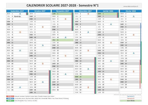 Calendrier scolaire 2027-2028 - Semestre N°1.