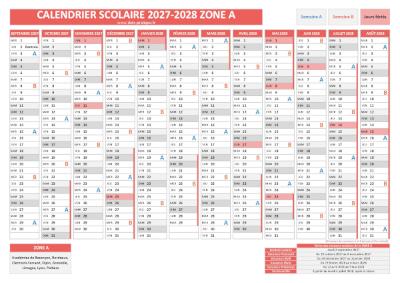 Calendrier scolaire 2027-2028 pour la zone A à télécharger