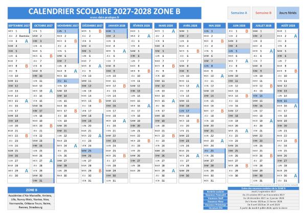 Calendrier scolaire 2027-2028 avec les dates des vacances pour la zone B