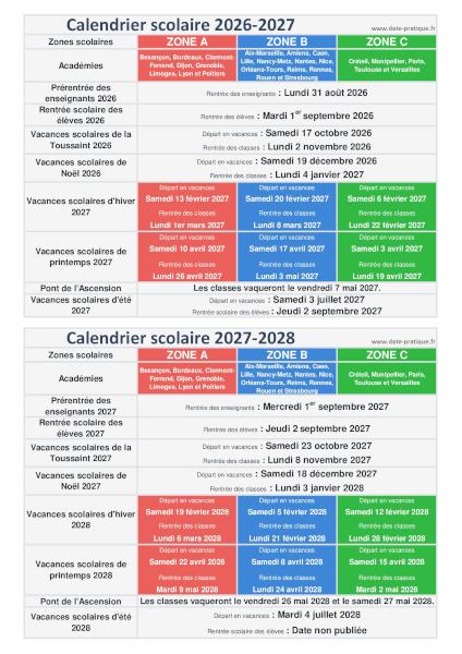 Infographie avec les dates des vacances scolaires 2026-2027 et 2027-2028 à imprimer